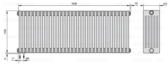 Схема (чертеж) Радиатор Zehnder Charleston 6110/31 №3370 Белый глянцевый RAL 9016